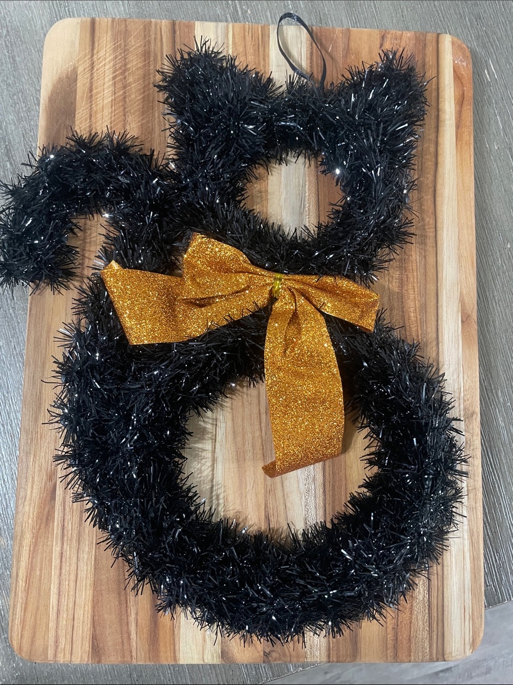 Black Tinsel Snowman Wreath with Gold Bow Holiday Decor